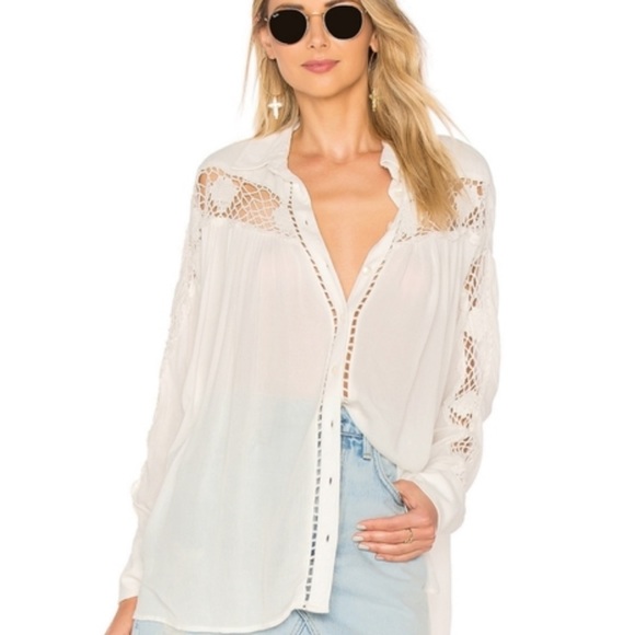 Free People Tops - Free People White Crochet Button Down Top